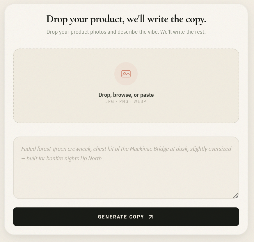 517 Threads product describer tool — drop a product image and get copy in seconds
